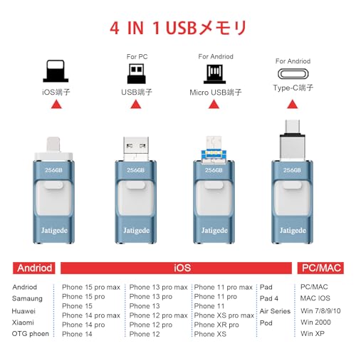 256GB Phone対応usbメモリ【アプリ不要】 写真保存 直接usbに写真を移す４in1 フラッシュドラメモリ人気 USB 両面挿しスマホ USB メモリー フラッシュドライブ Android パソコン対応 USBメモリ phoneの写真 を パソコン に 取り込む 容量不足解消 中間 画像