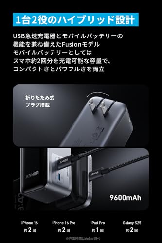 Anker Prime Power Bank (9600mAh, 65W, Fusion) (9600mAh 65W出力モバイルバッテリー搭載 USB充電器)【独自技術Anker GaN採用/Power Delivery対応/PSE技術基準適合/USB-C入力】iPhone MacBook Android その他機器対応 中間 画像
