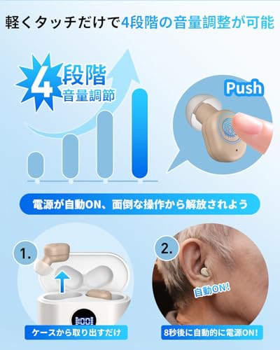 集音器 高齢者 しゅうおんき【2025年革新型 7月新登場 小さい耳にもフィット】4段階音量調整 簡単操作 音声拡聴器 3.2g軽量設計 コンパクト Type-C充電式 最大20-30時間連続使用可 自動電源ON/OFF 残量表示 300mah充電ケース 人間工学 疲れない 耳穴型デザイン 敬老の日 誕生日 日本語取扱説明書 最後 画像