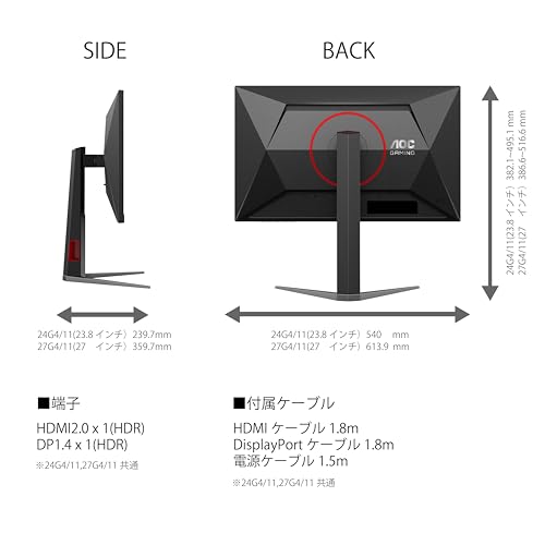 AOC ゲーミングモニター 27インチ, 1920×1080@180Hz, 0.5ms, HDMI2.0 x 1/ DP1.4x1, 昇降(高さ調整)/チルト/スイーベル/ピボット(縦回転), G-Sync Compatible対応, Adaptive Sync, HDR10, フリッカーフリー, 3年保証 27G4/11 最後 画像