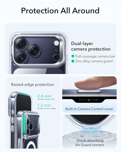 【デザイン受賞シリーズ！】ESR iPhone 17 Pro ケース 3倍米軍MIL規格 2層構造カメラ保護 落下保護 耐黄変 耐衝撃 MagSafe対応 25Wの高速充電に対応 隠れスタンド マグネット搭載 いphone17Pro ケース カメラコントロールカバー 傷防止背面 Classicシリーズ iPhone17Pro用 クリア 中間 画像