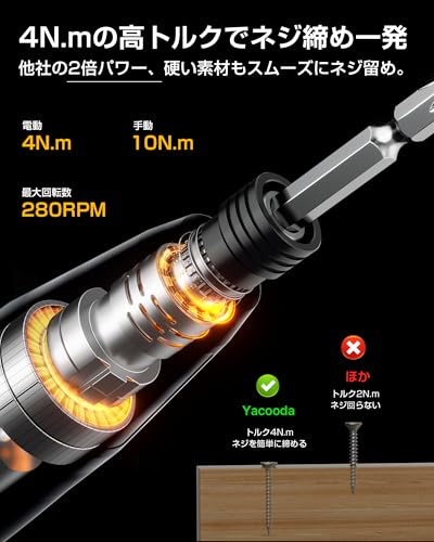 Yacooda 電動ドライバー 小型 強力 【2025業界最新昇級】 電動4N.m 手動10N.m USB-C充電式 高輝度LEDライト 軽量 DIY 操作簡単 女性/初心者対応 敬老の日 誕生日プレゼント ブラック 最後 画像
