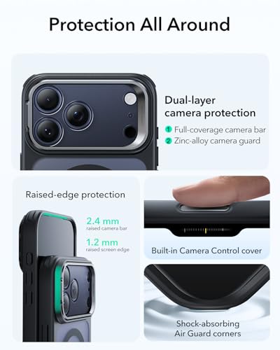 【デザイン受賞シリーズ!】ESR iPhone 17 Pro Max ケース MagSafe対応 3倍米軍MIL規格 カメラボタン付き 隠しスタンド 調整可能 ワイヤレス充電 エアガードコーナー 耐衝撃 傷防止 軽量 マグネット 高耐久性 Qi2.2対応 最大25W高速充電 いphone17promaxケース アイフォン17プロマックス専用Classic(フロストブラック) 中間 画像