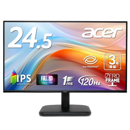 Acer モニター 24.5インチ フルHD 非光沢 IPS 120Hz 1ms(VRB) sRGB 99% AdaptiveSync HDMI 1.4 ミニD-Sub 15ピン スピーカー・ヘッドフォン端子非搭載 VESAマウント対応 ゼロフレームデザイン 3年保証(パネルは1年) EK251QGbi 画像1