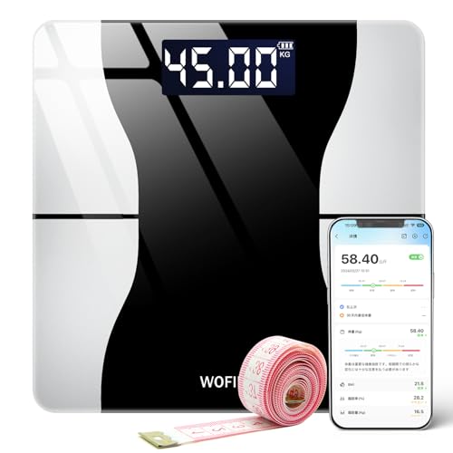 【2025新登場・超薄型】 体重計 スマホ連動 体脂肪計 体組成計 Bluetooth ヘルスメーター 高精度 iOS/Android対応 強化ガラス 多機能測定 体重 BMI/筋肉量/体脂肪率/水分量など13項目測定可能 自動ON/OFF 日本語説明書付き (ブラック) 画像1