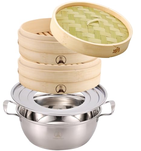 【吉冨士工芸】 竹せいろ 2段 専用蒸鍋セット 蒸し器 中華 せいろ セイロ専用シート20枚付 (21cm鍋付き) 1枚目 画像