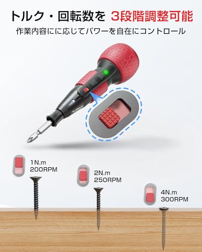 Yacooda 電動ドライバー 小型 強力 トルク3段階調整 【高い同心度・ビット振れ軽減】 電動4N.m 手動12N.m USB-C充電式 高輝度LEDライト 軽量 DIY 操作簡単 女性/初心者対応 電動ドリル ペン型 父の日 誕生日プレゼント レッド 最後 画像