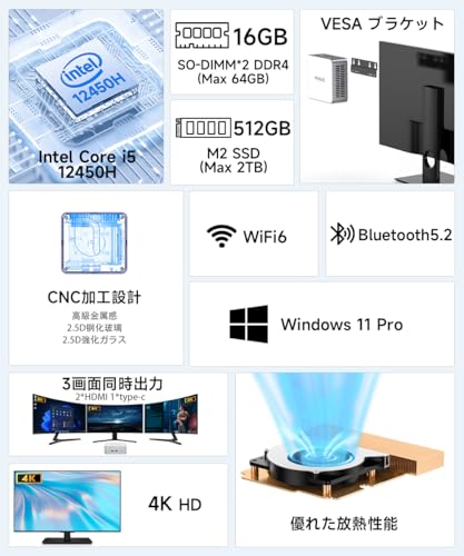 GMKtec Nucbox M3 Windows 11 Pro ミニPC インテル Core i5 12450H Mini PC, 16GB(8GB*2) DDR4,512GB PCIe3.0 SSD,2.5G LAN,WIFI6,BT5.2,3画面出力,45W TDP,軽型ゲーム ミニパソコン 最後 画像