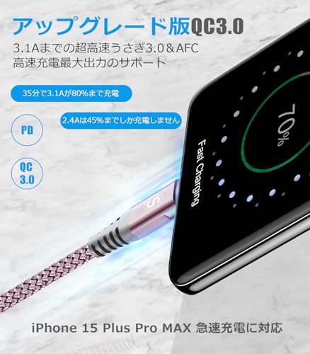 USB Type C ケーブル【3M/2本セット】Sweguard USB-C & USB-A 3.1A USB C ケーブル【QC3.0対応急速充電】タイプc 充電 iPhone17 16/iPhone 15 Pro MAX, iPad Pro,Samsung Galaxy S25/S24/S23/S22/S21/S20,Pixel,usb type-c機器と互換性があり (ピンク) 最後 画像