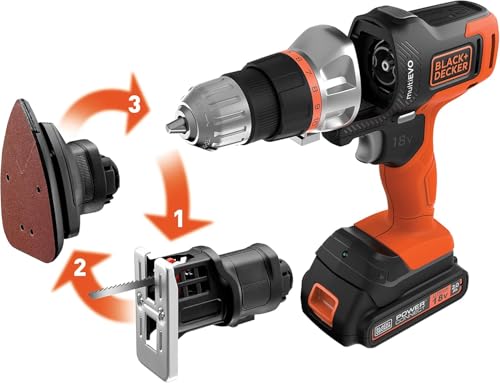 ブラックアンドデッカー(BLACK+DECKER) コードレス マルチツール 3in1 multievo EVO185B1 DIY 電動工具 穴あけ 締付工具 ドリルドライバー ジグソー サンダー 18V 2.0Ah ビット 11種 バッテリー 2個 専用ボックス 付き 1枚目 画像