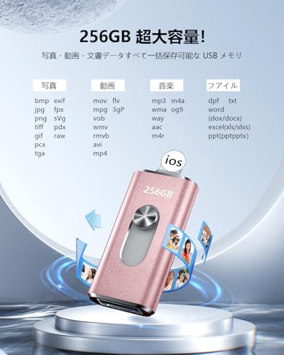 256GB usbメモリ【アプリ不要・アルバムから写真保存】４in1プッシュ型 Phone対応 スマホ携帯 高速 データ保存 バックアップ iOS/Type-C/USB/Micro USBフラッシュメモリ 外付けストレージ スライド式 容量不足解消 usbメモリ！256GB Pink 中間 画像