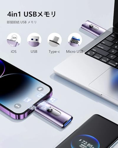 512GB usbメモリ【アプリ不要・アルバムから写真保存】4in1プッシュ型 Phone対応 スマホ携帯 高速 データ保存 バックアップ iOS/Type-C/USB/Micro USBフラッシュメモリ 外付けストレージ スライド式 容量不足解消 usbメモリ!512GB Purple 中間 画像