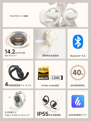 Edifier A6 オープンイヤーイヤホン 完全ワイヤレスイヤホン 究極のフィット感 bluetooth 5.4 ハイレゾ対応 耳を塞がない ENC通話ノイズキャンセル マイク付き IP55防塵防水/最大40時間再生/急速充電/SBC/LDAC完全対応/マルチポイント接続/音漏れ防止 9.1g軽量 スポーツイヤホン オープンイヤー 2025年新登場 黒 中間 画像
