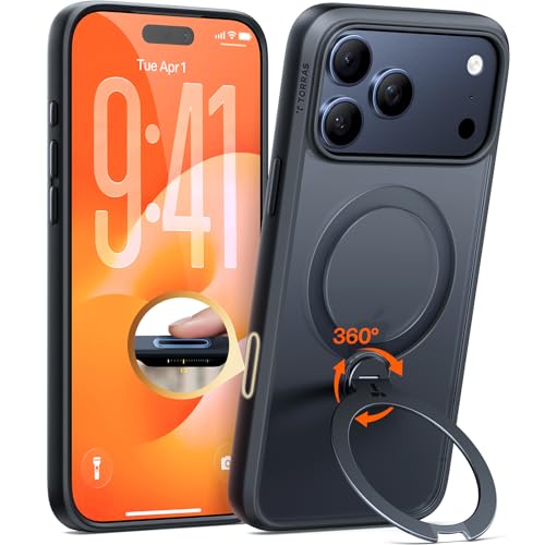 TORRAS iPhone 17 Pro 用 ケース【多機能一体・360°新定点回転スタンド】 Magsafe対応 カメラコントロールボタン 高耐久性 耐衝撃 ゼンマイ式スタンド リング 縦横両対応 マグネット搭載 急速充電対応 指紋防止「Ostand Q3 Spin」 ブラック 1枚目 画像