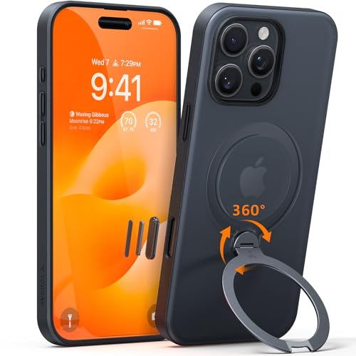 【米軍規格・360°回転吸着多機能一体 】TORRAS iPhone 16 Pro 用 ケース カメラ操作カバー付き 縦横両対応 リング付き マグネット搭載 ワイヤレス充電対応 耐衝撃 防指紋 半透明 Ostand Q3 Spin ブラック 画像1
