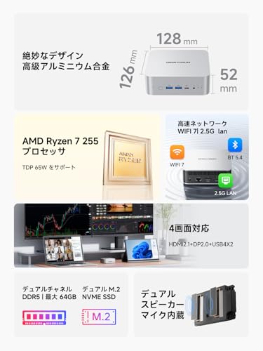 MINISFORUM AI X1ミニpc AMD Ryzen 7 255プロセッサ Radeon 780M グラフィック DDR5-5600MT/s 32GB 1TB SSD Windows 11 Pro 小型pc HDMI2.1 |DP2.0|USB4ｘ２ 4画面出力 2.5Gbps LAN/Wi-Fi 7/BT5.4 コンパクトPC 最後 画像