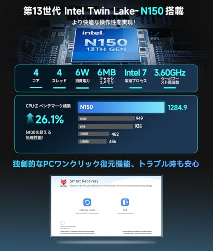 Bmax ミニpc 最新第13世代 Intel N150搭載 4コア/4スレッド 最大3.6GHz mini pc DDR4 16GB+512GB SSD(デュアルSSDスロット、NVMe拡張に対応)Windows11 Pro 小型pc WIFI5/BT5.0 TDP 6W 温度に応じて自動調整冷却ファン ミニバソコン 高速LANポート付き 静音性 4K@60Hz 2画面同時出力 B4Ultra 中間 画像