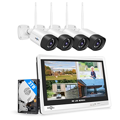【双方向の音声・3TB HDD内蔵 】防犯カメラ ワイヤレスHiseeu 12インチLCD液晶モニタ一体型NVR 1920P 500万画素ワイヤレスカメラ4台セット 10チャンネルまで増設可 遠隔監視 防水等級ip66 AI動体検知 屋内/屋外 セキュリティ 防犯カメラ (500万画素カメラ4台＋12インチ液晶一体型NVR 3TBHDD内蔵) 画像1