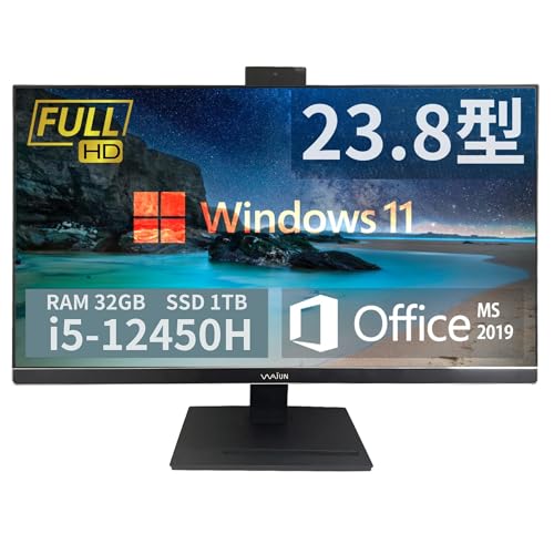 wajun 狭額縁一体型PC XS24D/23.8型IPSフルHD/第12世代 i5-12450H/Win11 Pro/MS Office H&B 2019/WEBカメラ/HDMI/Bluetooth/WIFI/Wake On Lan/角度(上下左右)調整可能/多画面出力可能/ZEROセキュリティーソフト付属/DDR4:32GB/1TB SSD 1枚目 画像