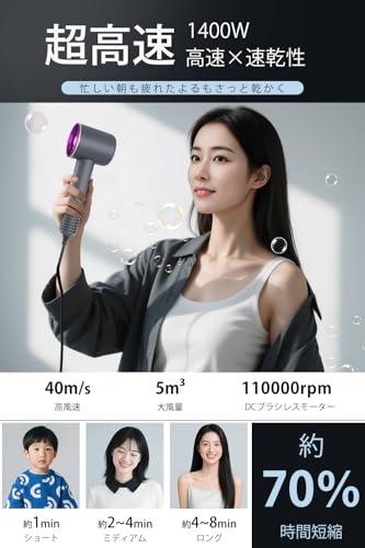 【2025トップモデル・超軽量 大風量】 ドライヤー 速乾 3億マイナスイオン 美髪ケア 1400W 高速 スマート温調 4段階温度&3段階風量 過熱防止 携帯用ドライヤー コンパクト 磁吸ノズル付き ヘアドライヤー サロン級 美容師監修 家庭用/旅行用 (グレー) 中間 画像