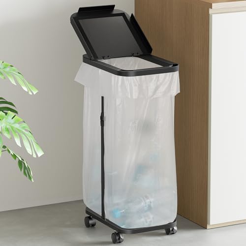 [高さ伸縮可]ゴミ袋ホルダー 20L～90L対応 TTWO ゴミ箱 蓋付き におい遮断 分別ゴミ箱 塵袋ホルダー 30L 45Ｌなど ゴミ袋スタンド ゴミ捨て簡単 ポリ袋ラック レジ袋スタンド リサイクルスタンド エコ スリム おしゃれ 使いやすい キャスター/アジャスター両方付き (ブラック) 画像1