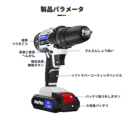 DayPlus 電動ドライバー 電動ドリル 21V 最大45N・m 25+1段階トルク調節 充電式ドライバー 軽量 スピード調節機能 正逆転切替 LEDライト付き 初心者でも使いやすい DIY家具組み立 電動工具 最後 画像