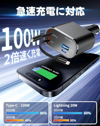 【2025年新進化 総139W・急速充電】シガーソケット USB 車 充電器 巻き取り式 4 in 1 カーチャージャー 4台同時使用 ケーブル 2本 Type-C/Lightning DC12/24V 車対応 多機種に対応 車載 カー用品 車用品 コンパクト(グレー) 中間 画像
