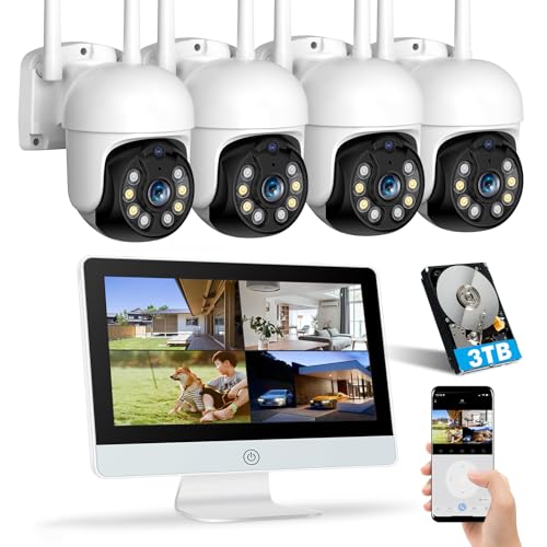 【500万画素・360°全方位追尾 】防犯カメラ ワイヤレス 屋外 YESKAMOO 12インチIPS防犯モニター 一体型NVR 4台 室外 ワイヤレス防犯カメラ セット 10チャンネルまで増設可 AI人物検知 監視カメラ 常時録画 双方向通話 カラー暗視 IP66防水 遠隔監視 H.265映像圧縮 防犯カメラ (500万PTZカメラ4台+12インチ録画機+3TB HDD) 1枚目 画像