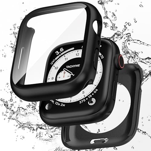 【フルカバー保護】Puptoya アップルウォッチ 防水 カバー Apple Watch Series 6 5 4 SE3 SE2 対応 44mm ケース 2 in 1 前後の保護 PC+ガラス素材 高透過率 装着簡単 脱落しやすい 耐衝撃 iWatch 44mm ブラック 1枚目 画像