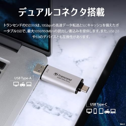 【家電批評 2024 スティック型 USB-A SSD 総合No.1受賞】トランセンド ポータブルSSD 128GB 高速 最大1050 MB/s 超小型,軽量11g Type-A/Type-C 両対応 iPhone15 & iPhone16 対応 USB 10Gbps ブラック TS128GESD310C-E 【Amazon.co.jp限定】 中間 画像