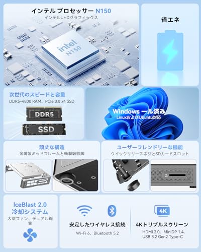 【高耐久設計】GEEKOM Air12 ミニPC |最新第13世代 Intel N150 搭載|DDR5 16GB+512GB SSD|全金属フレーム・3年保証|3画面出力(HDMI+USB-C+DP)|動画視聴/学校/工場対応|TDP6W 省電力|静音冷却|SDカードリーダー WiFi 6/BT5.2 mini pc 最後 画像