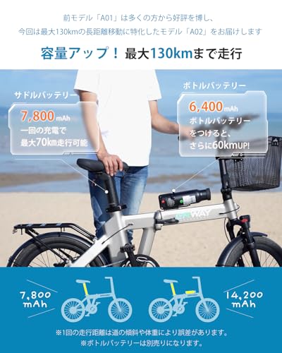 ERWAY 電動自転車 折りたたみ 20インチ 電動アシスト自転車 A02 型式認定 7.8Ahバッテリー 最大130km走行可能 公道走行可能 免許不要 シマノ製8段変速ギア 5段階アシストモード サスペンション装備 Eバイク 防水 通勤 中間 画像