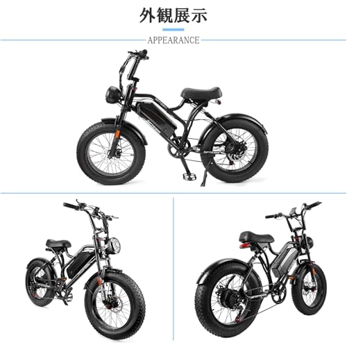 電動アシスト自転車 レトロ調 20インチ 極太タイヤ シマノ7段変速 5段階アシスト 48V10AH大容量バッテリー 前後ディスクブレーキ IP54防水仕様 山登り アウトドア キャンプ 通勤 通学 街乗り 日本語取扱説明書 ブラック 公道走行可 最後 画像
