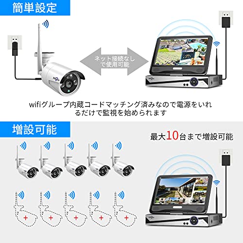 【500万画素】ワイヤレス防犯カメラセット Hiseeu 屋外セキュリティカメラ 10.1イン NVR 10チャンネルまで増設可 カメラ4台 カメラ 遠隔監視 防水等級ip66 動態検知 屋内/屋外 防犯カメラ (カメラ4台＋8チャンネル録画機＋1TB HDD) 最後 画像