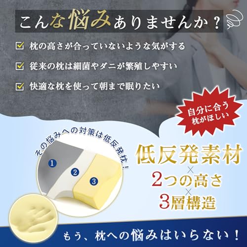 枕 首が痛くならない 低反発 まくら 低め高め選択可能 横向き寝 仰向け寝 通気性 pillow カバー洗濯可 低反発枕 快眠 高め 低め 三層構造 プレゼント 56*28*5.5/10.5cm 中間 画像