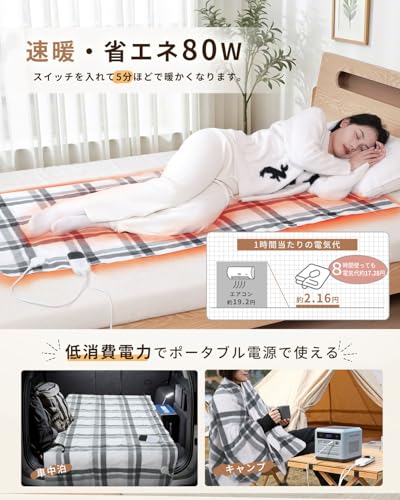 電気毛布 掛け敷き兼用 洗える【160x80cm 7段階温度調節 2-4-8-12H切タイマー】80W 節電 電気ブランケット 速暖 省エネ ダニ退治 軽くて柔かい生地 肩掛け 膝掛け シングル 防寒対策 暖房器具 キャンプ オフィス 車中泊 ギフト PSE認証済み (チエック柄, 160*80CM) 中間 画像