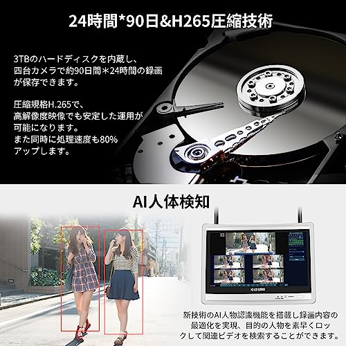 【双方向の音声・3TB HDD内蔵 】防犯カメラ ワイヤレスHiseeu 12インチLCD液晶モニタ一体型NVR 1920P 500万画素ワイヤレスカメラ4台セット 10チャンネルまで増設可 遠隔監視 防水等級ip66 AI動体検知 屋内/屋外 セキュリティ 防犯カメラ (500万画素カメラ4台＋12インチ液晶一体型NVR 3TBHDD内蔵) 中間 画像