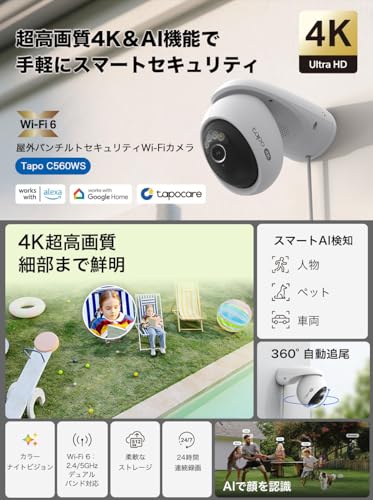 TP-Link Tapo 防犯カメラ 屋外 監視カメラ みまもりカメラ 見守りカメラ スマホ対応 Wi-Fi 4K 8MP 800万画素 パン/チルト 360°AI検知 フルカラー IP66 防水防塵 音声通話 Tapo C560WS 最後 画像