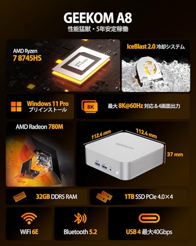 GEEKOM A8 ミニPC【5年以上安定稼働】AMD Ryzen 7 8745HS搭載 32GB DDR5 1TB SSD AMD Radeon 780M 全金属ハウジング 高耐久 超長寿命｜高効率冷却 低騒音｜SDカードスロット設計｜8K対応＆4画面同時出力｜Windows 11 Pro 正規版｜WiFi 6E・Bluetooth 5.2・2.5G 有線LANポート｜3年保証 最後 画像