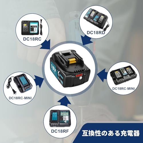 Boetpcr 互換 マキタ 18v バッテリー BL1860B 6.0Ah大容量 2個セット マキタ 互換 バッテリー 18v BL1815N BL1820B BL1830B BL1860Bなどに対応 BMS基板搭載 最新セル採用 LEDランプ残量表示 長時間稼働可能 CE PSE認証取得済み ブルー 中間 画像