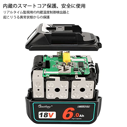 waitley互換マキタ 18V バッテリー6Ah 2個セットLED%残量表示付き 互換BL1860B BL1890 6000mAh 大容量 電動工具用充電式電池 BL1840 BL1850 BL1850B BL1860対応 マキタ純正充電器対応 製造物責任保険付 メーカーから保証付き PSE認証済 最後 画像