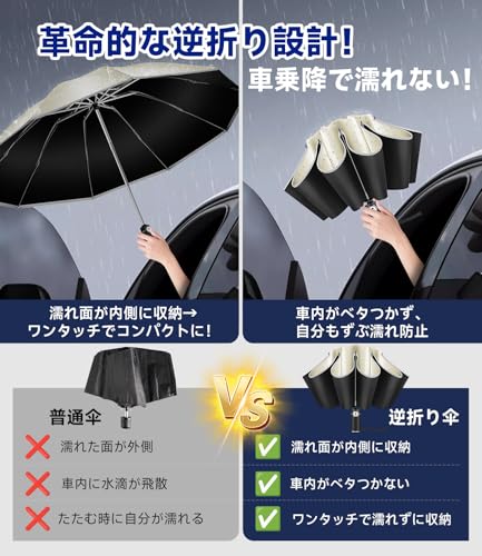 【逆折り式10本骨】折りたたみ傘 ワンタッチ自動開閉 メンズ レディース兼用 耐風・豪雨対応（台風対策可）広幅105cm大きい 反射テープ付き 遮光99%・UVカット99% 男子日傘 テフロン加工 折り畳み傘 収納ポーチ付き 晴雨兼用 梅雨対策 丈夫耐久 ベージュ (ベージュ) 中間 画像