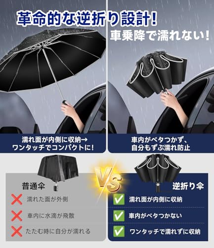 【逆折り式10本骨】折りたたみ傘 ワンタッチ自動開閉 メンズ レディース兼用 耐風・豪雨対応（台風対策可）広幅105cm大きい 反射テープ付き 遮光99%・UVカット99% 男子日傘 テフロン加工 折り畳み傘 収納ポーチ付き 晴雨兼用 梅雨対策 丈夫耐久 ブラック 中間 画像