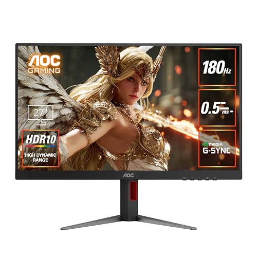 AOC ゲーミングモニター 27インチ, 1920×1080@180Hz, 0.5ms, HDMI2.0 x 1/ DP1.4x1, 昇降(高さ調整)/チルト/スイーベル/ピボット(縦回転), G-Sync Compatible対応, Adaptive Sync, HDR10, フリッカーフリー, 3年保証 27G4/11 画像1