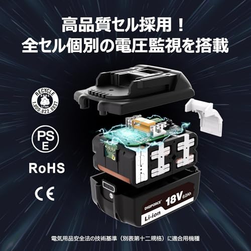 DIGIFORCE マキタ 18V バッテリー 互換 BL1860B 6.0Ah 日本メーカー保証 大容量 掃除機 電動工具用 【2個セット】 中間 画像
