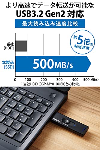 エレコム SSD 外付け 1TB USB3.2(Gen2) 読込速度500MB/秒 アルミ筐体 スライド式 キャップレス 【PS5/PS4/テレビ録画 対応】 ブラック ESD-EMA1000GBK 中間 画像