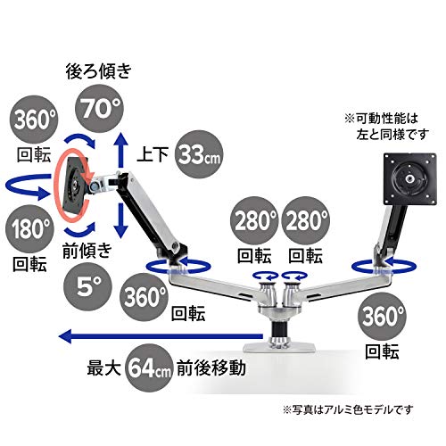 ERGOTRON エルゴトロン LX モニターアーム デスクマウント デュアル 横型 2画面 マットブラック 27インチ(6.4~18.1kg)まで VESA規格対応 45-245-224 中間 画像