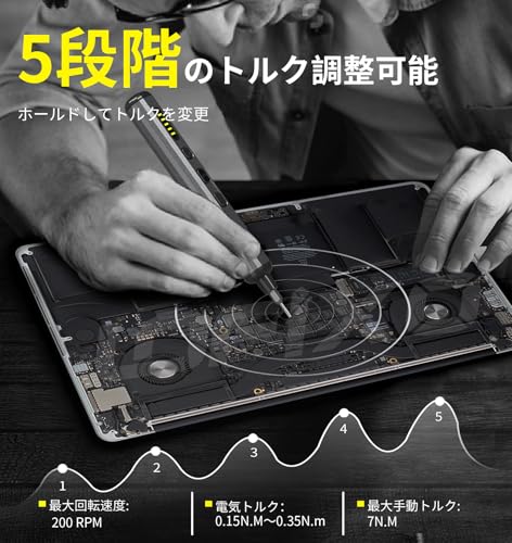 電動ドライバー 小型 精密ドライバー トルクス マイナス 三角 六角 プラス 星型 y字 switch カメラ スマホ 修理 ペン型 差し替えドライバー 時計 メガネ mac ps4 hdd パソコン iphone 分解工具 USB-C充電式 4 LEDライト付き 正逆転切替 5段シフト可能 S2素材 最後 画像