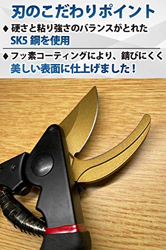 【造園パートナーズ庭師のおすすめ】 FORESIA 剪定ばさみ 2段階調節可能 サクサク切れる 握りやすい せんていばさみ フッ素コーティング 剪定鋏 えだきりばさみ (金 + 黒色) 中間 画像