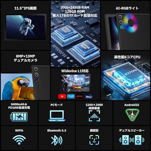 Android 15 タブレット 11.4インチ 2000*1200 FHD 大画面 30GB+128GB+1TB拡張 8400mAh 18WPD急速充電 wi-fi6モデル 8コアCPU PCモード 顔認識 8MP+13MPカメラ Bluetooth5.4 Widevine L1 Type-C充電 4スピーカー搭載 無線投影 画面分割 GMS認証 最後 画像